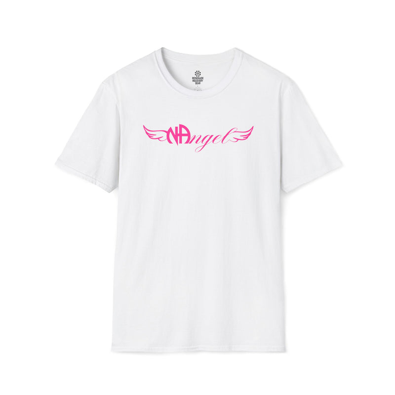 Load image into Gallery viewer, White t-shirt with pink 'NAngel' design on a white background #Color_White