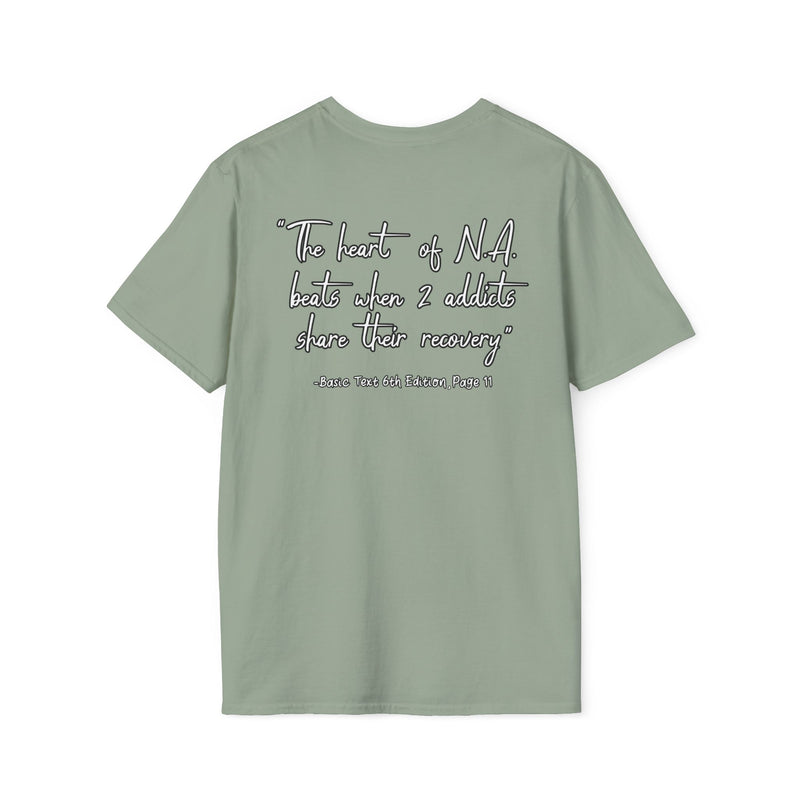 Load image into Gallery viewer, Sage green t-shirt with text on the back on a white background