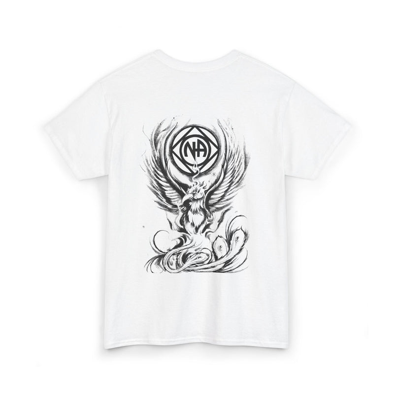 Load image into Gallery viewer, White t-shirt with black graphic design on a white background