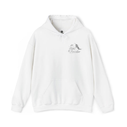 White hoodie with text and graphic on a white background