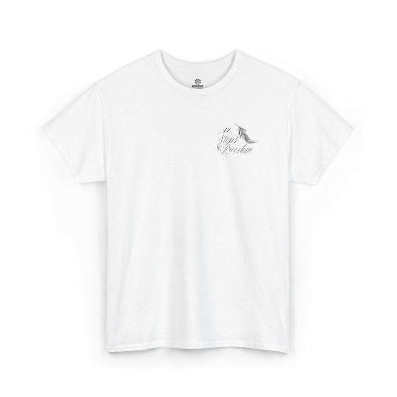 Load image into Gallery viewer, White t-shirt with a small graphic and text on a white background
