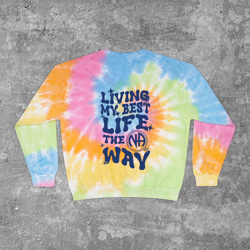 Load image into Gallery viewer, Living My Best Life the NA Way Narcotics Anonymous Unisex Tie-Dye Sweatshirt
