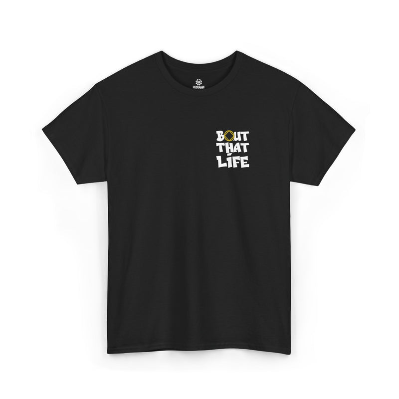 Load image into Gallery viewer, Black t-shirt with 'Bout That Life' text on a white background
