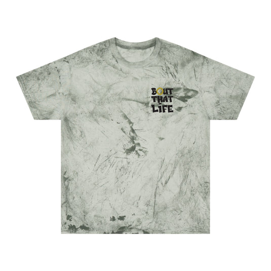 T-shirt with 'Bout That Life' text on a white background