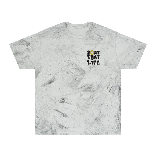 Marble-patterned t-shirt with 'Bout That Life' text on a white background