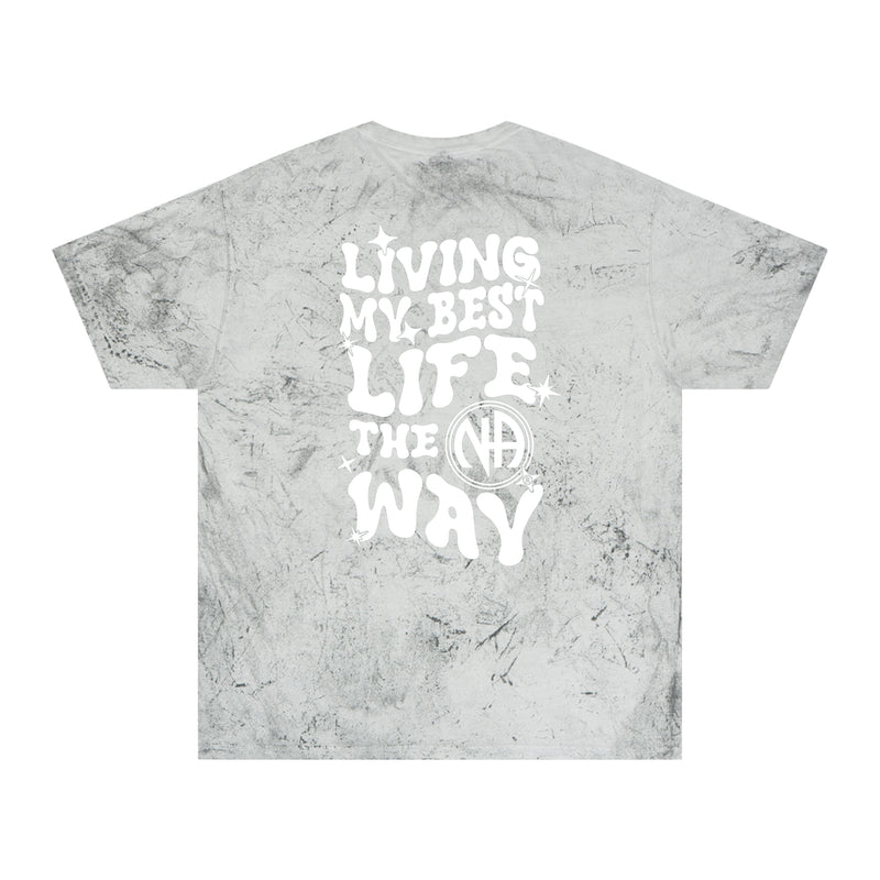 Load image into Gallery viewer, Gray marbled t-shirt with white text on a white background
