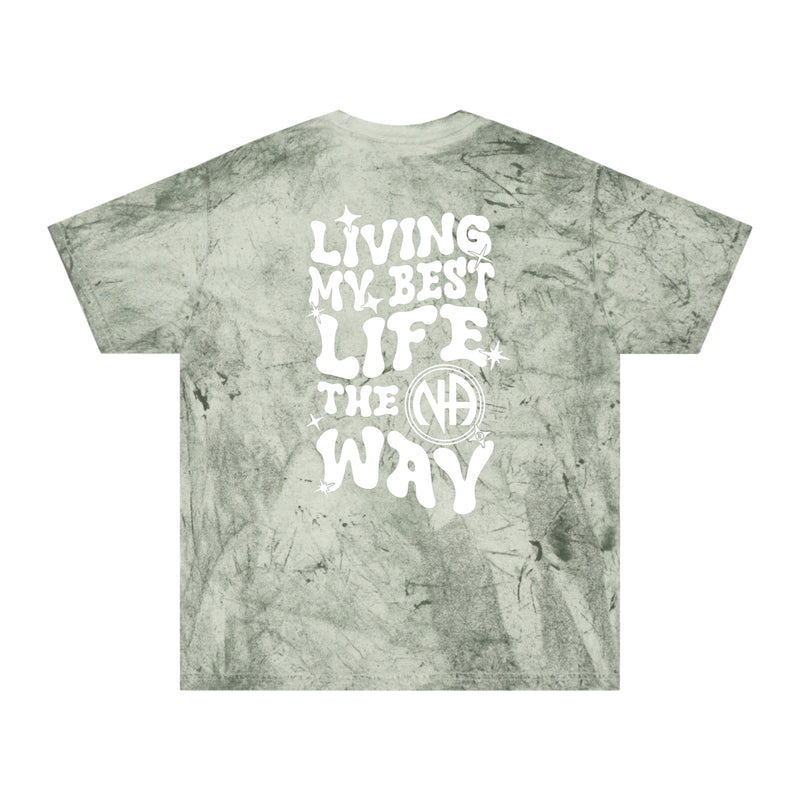 Load image into Gallery viewer, T-shirt with text 'Living my best life the no way' on a marble pattern background
