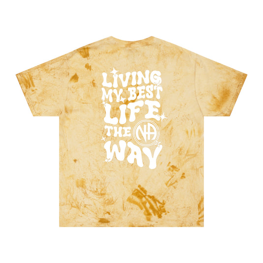 Beige tie-dye t-shirt with white text on a white background