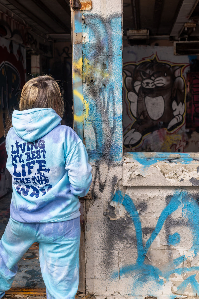 Load image into Gallery viewer, light blue sweatpants and sweatshirt with text
