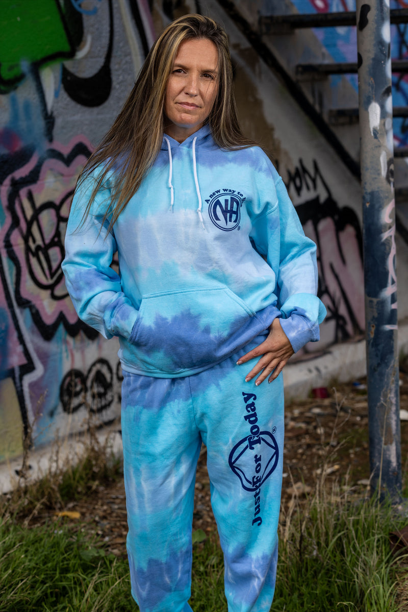 Load image into Gallery viewer, blue tie-dye hoodie and pants with logos
