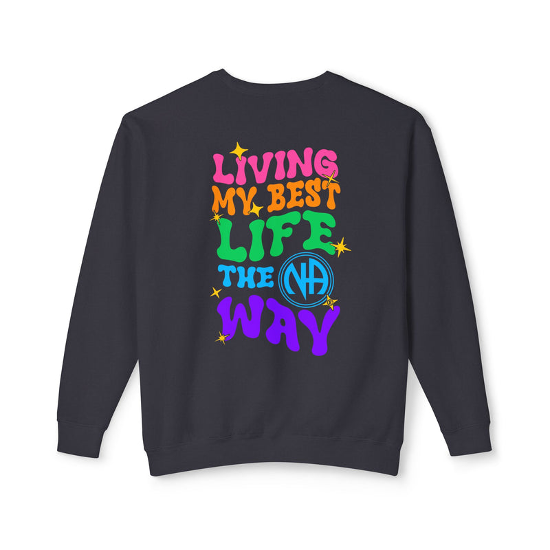 Load image into Gallery viewer, Black sweatshirt with colorful text on a white background
