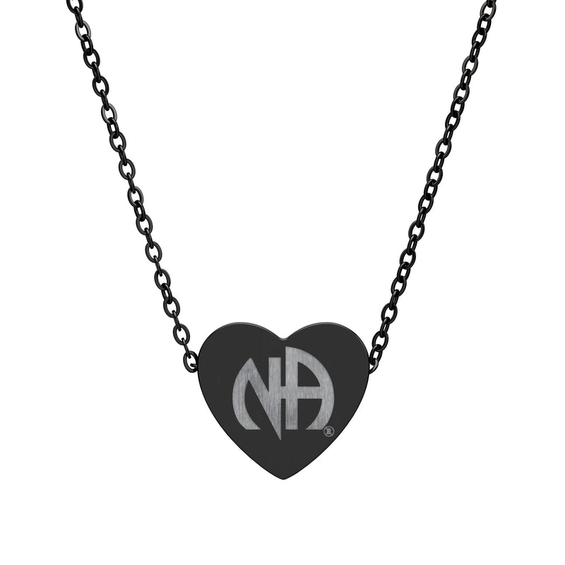 Load image into Gallery viewer, Black heart-shaped pendant with 'NFA' logo on a chain against a white background
