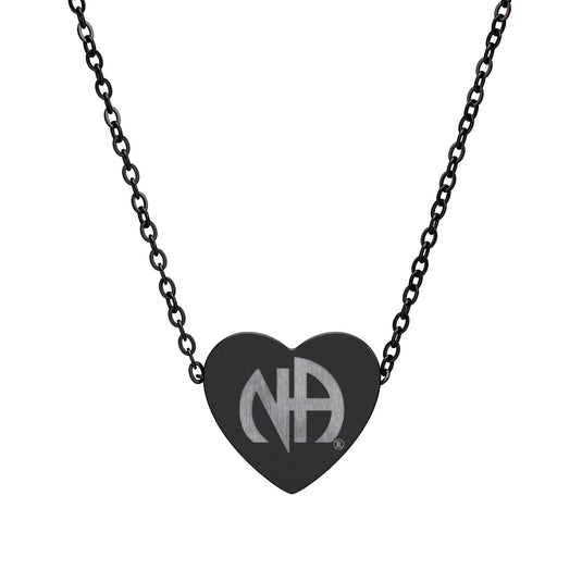 Black heart-shaped pendant with 'NFA' logo on a chain against a white background