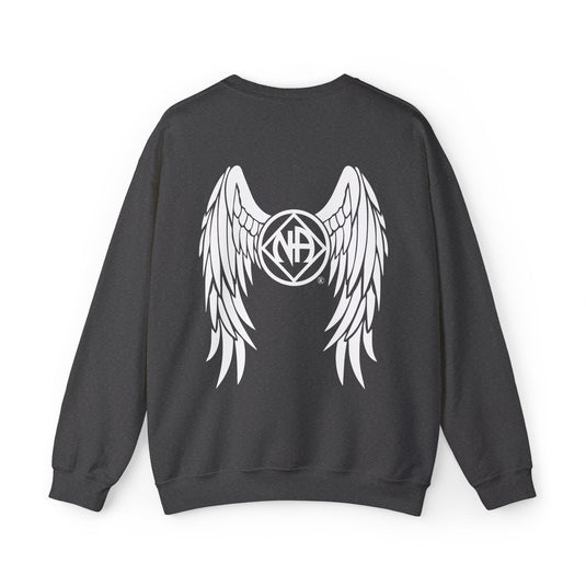 Black sweatshirt with white wings and logo on the back against a white background