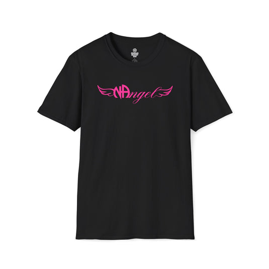 Black t-shirt with pink 'NAngel' design on a white background