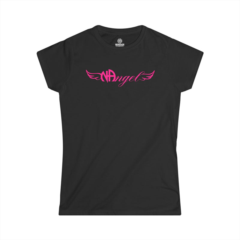 Load image into Gallery viewer, Black t-shirt with pink 'NAngel' design on a white background
