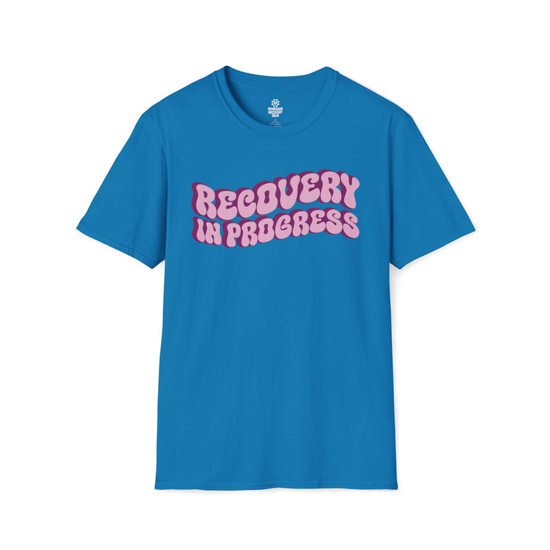 Load image into Gallery viewer, Blue t-shirt with 'RECOVERY IN PROGRESS' text on a white background
