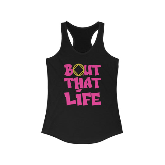 Black tank top with pink and yellow text on a white background