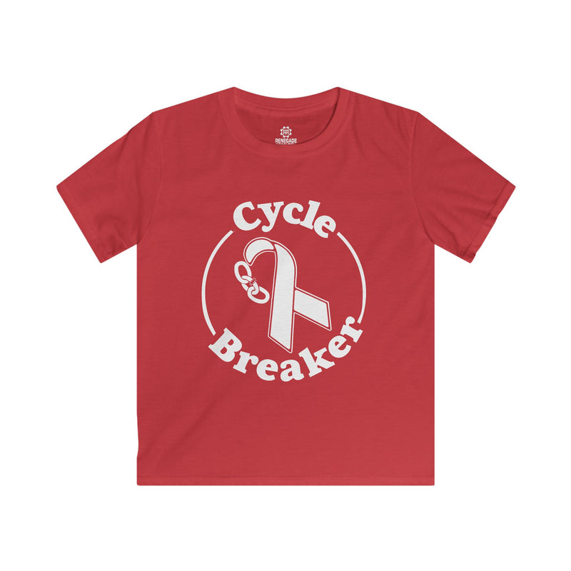 Load image into Gallery viewer, Red t-shirt with 'Cycle Breaker' design featuring a white ribbon on a white background
