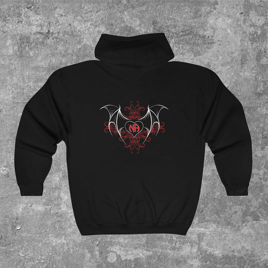 A black cotton full zip hoodie with a graphic of a stylized devil wing on the back.