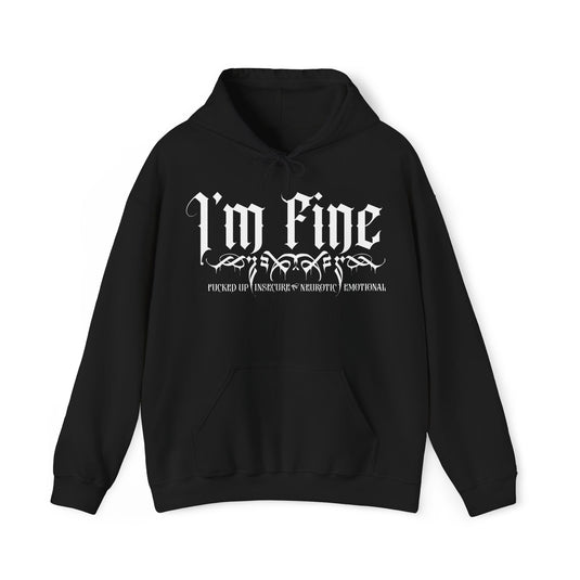 Black hoodie with white text on a white background