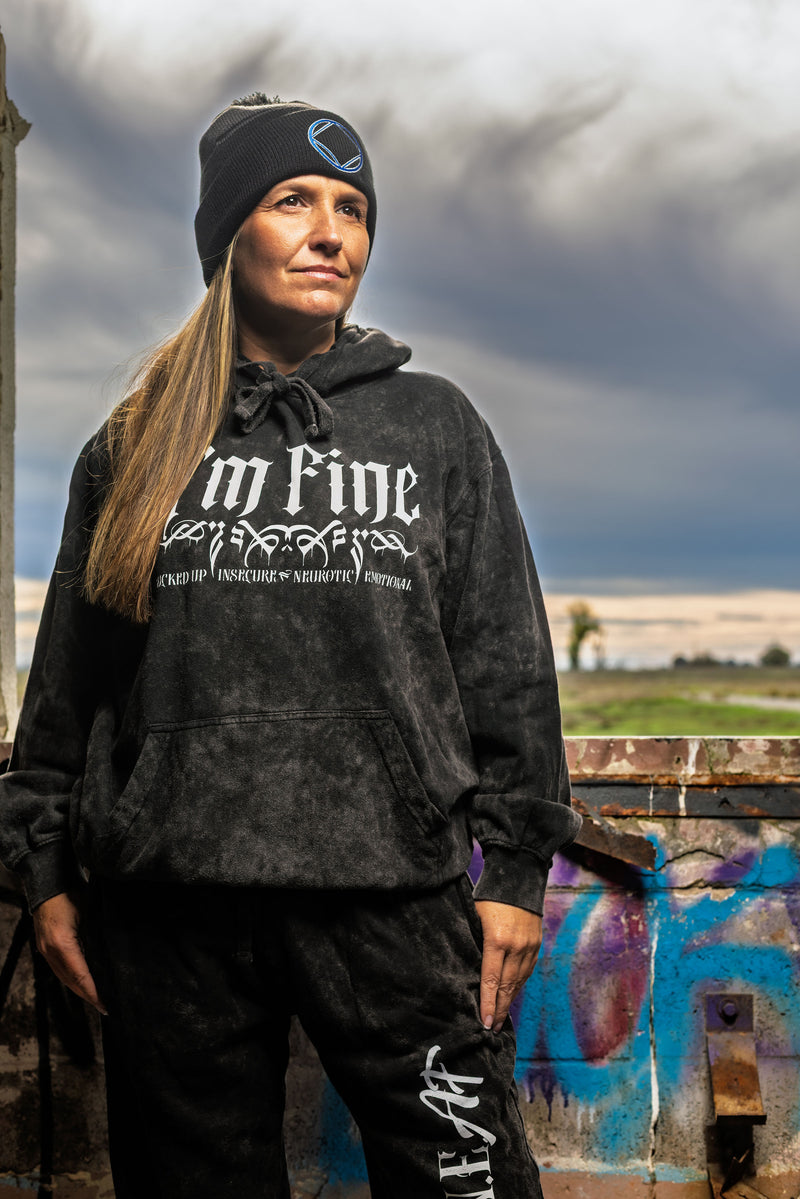Load image into Gallery viewer, black hoodie with 'I’m Fine Fucked up Insecure Neurotic Emotional' text
