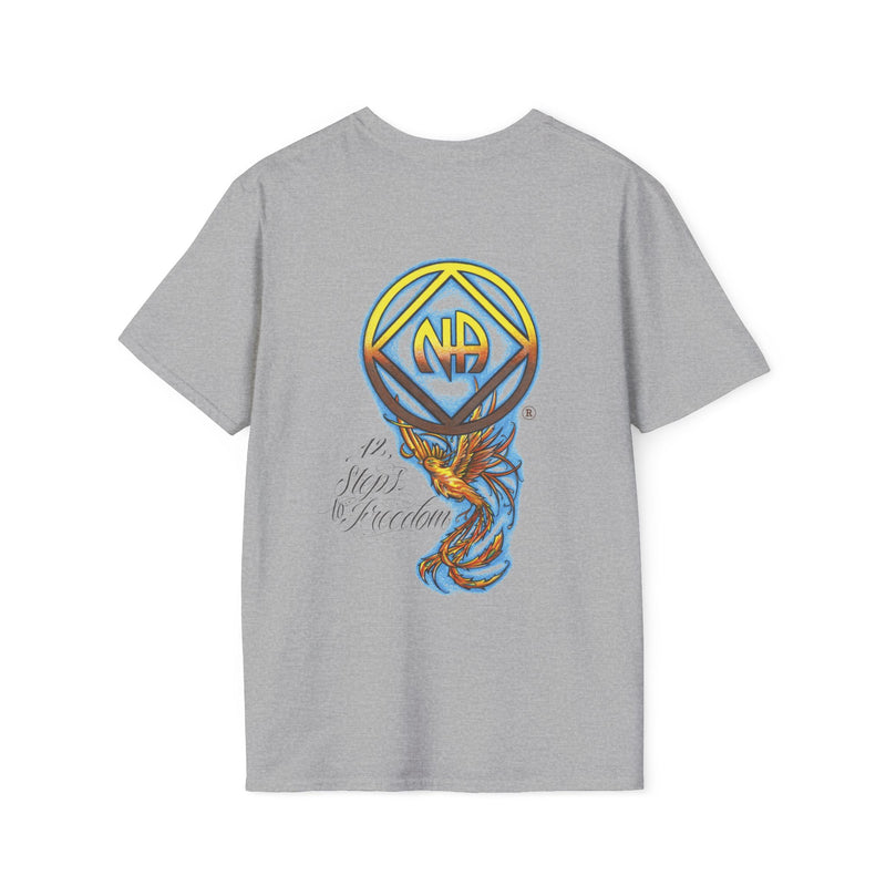 Load image into Gallery viewer, Gray t-shirt with a colorful graphic design on the back against a white background
