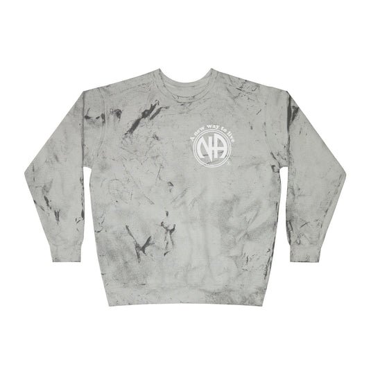 Gray tie-dye sweatshirt with a logo on a white background