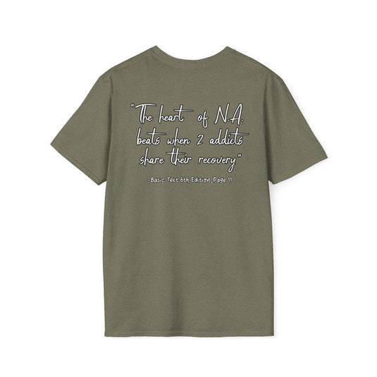 Green t-shirt with text on the back on a white background