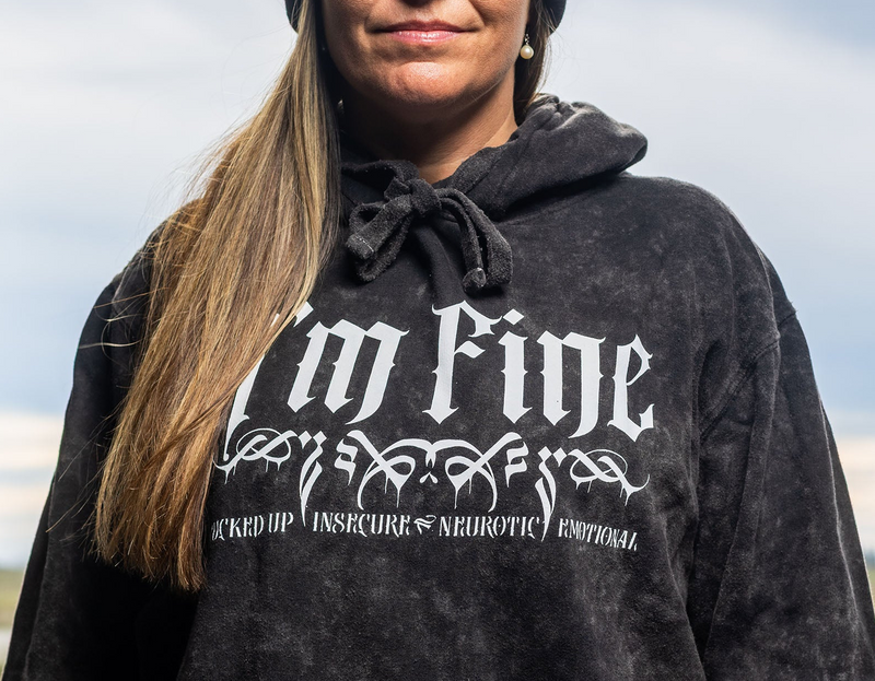 Load image into Gallery viewer, black hoodie with "I’m Fine Fucked up Insecure Neurotic Emotional" text 
