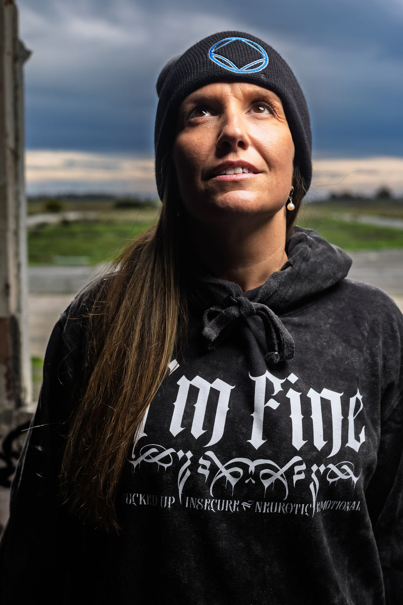 Load image into Gallery viewer, black hoodie with "I’m Fine Fucked up Insecure Neurotic Emotional" text
