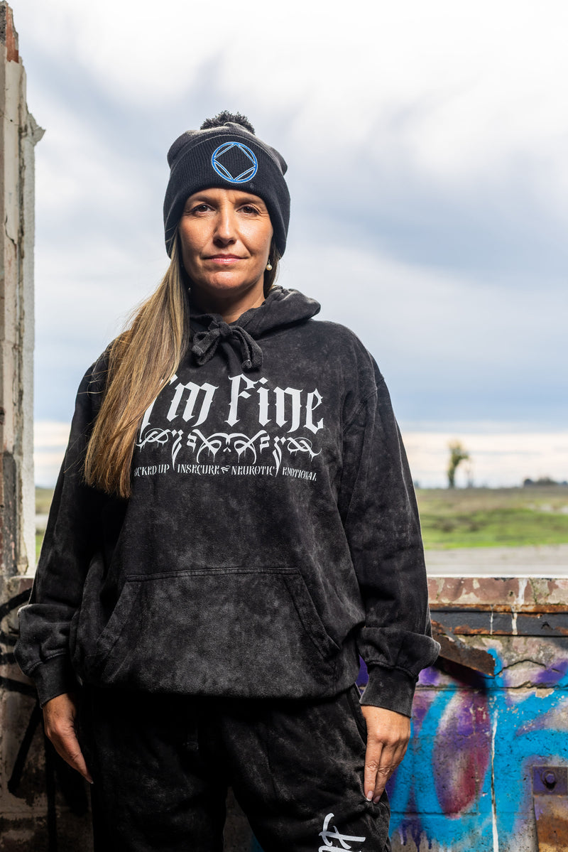Load image into Gallery viewer, black hoodie with  "I’m Fine Fucked up Insecure Neurotic Emotional" text
