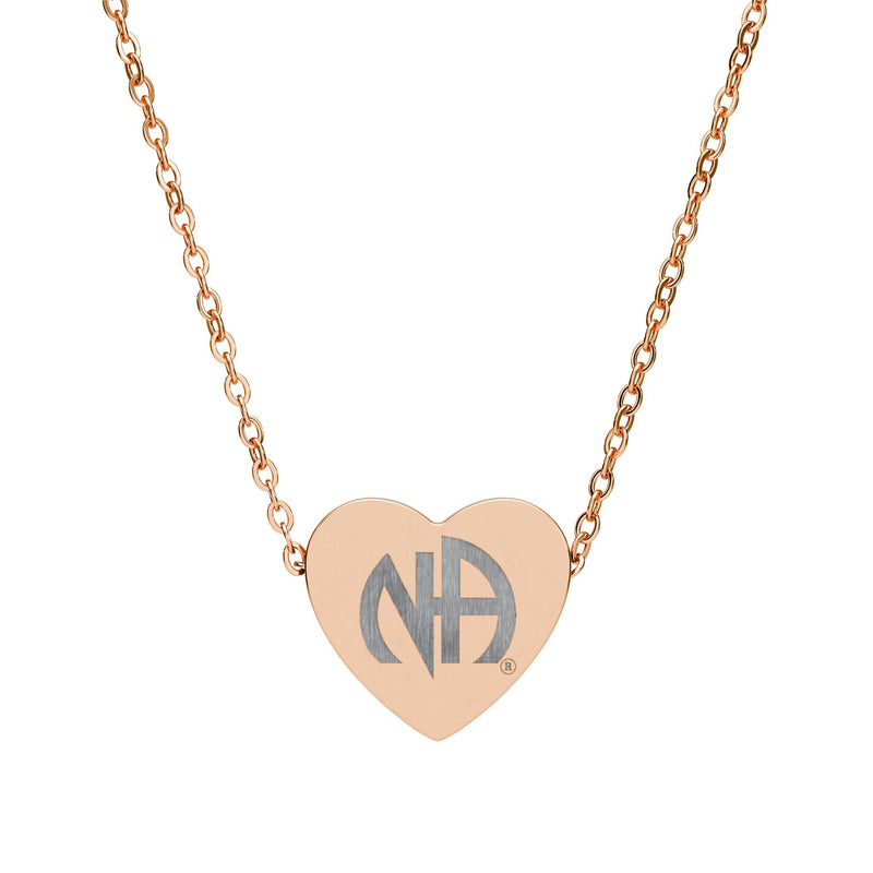 Load image into Gallery viewer, Rose gold heart-shaped necklace with 'NA' initials on a white background
