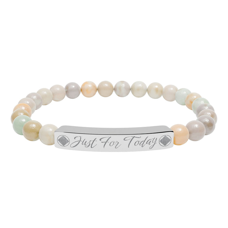 Load image into Gallery viewer, Beaded bracelet with a silver tag reading 'Just For Today' on a white background
