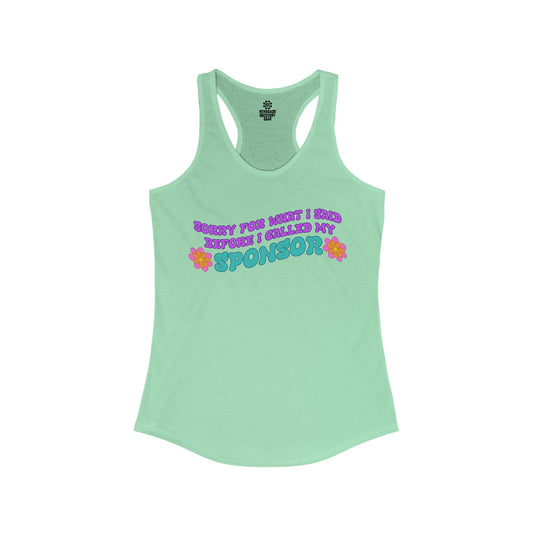 Light green tank top with colorful text on a white background
