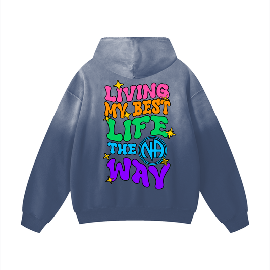 Blue hoodie with colorful text on the back against a white background