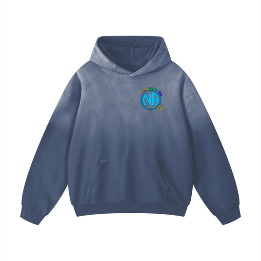 Blue hoodie with a logo on the chest against a white background