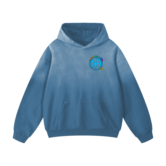 Blue hoodie with a logo on the chest against a white background