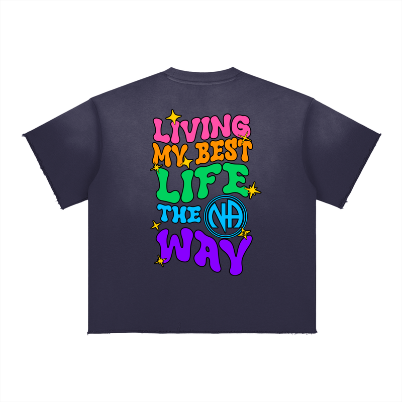 Load image into Gallery viewer, Navy blue t-shirt with colorful text and 'NA' symbol on a white background
