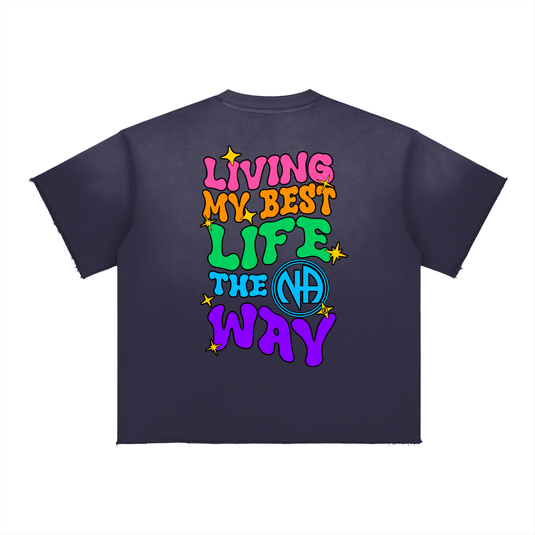 Navy blue t-shirt with colorful text and 'NA' symbol on a white background