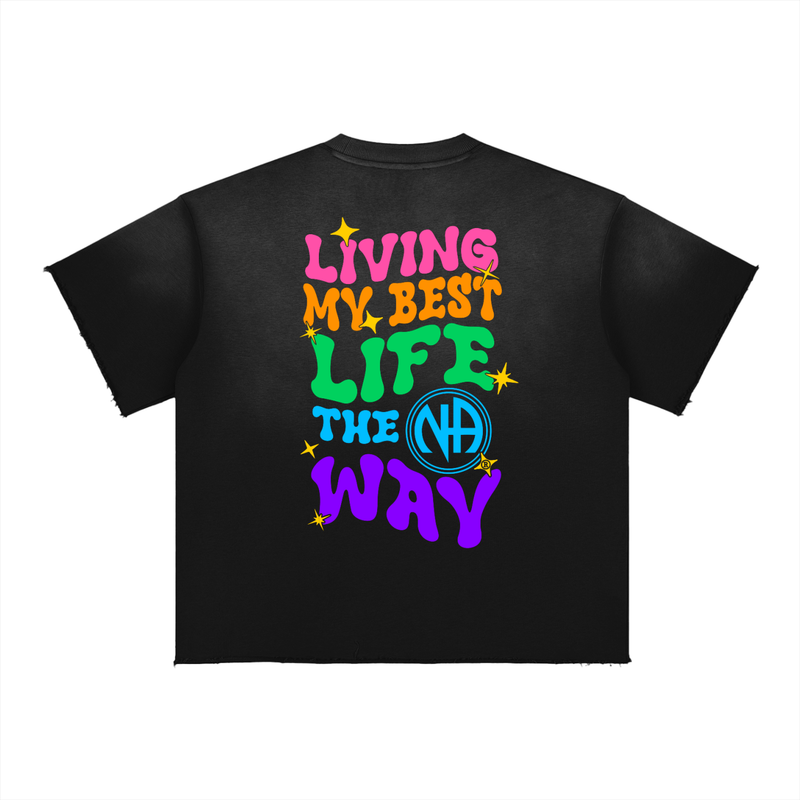 Load image into Gallery viewer, Black t-shirt with colorful text and logo on a white background
