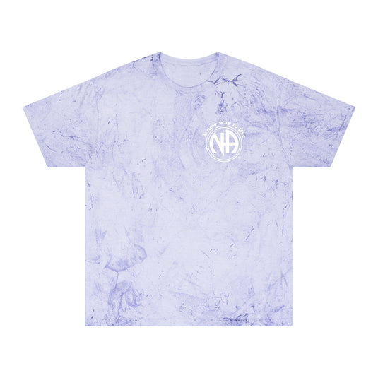 Tie-dye t-shirt with a logo on a white background