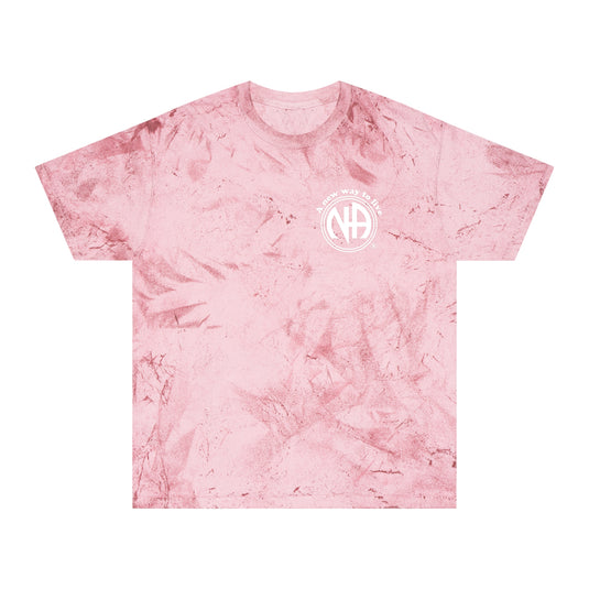 Pink tie-dye t-shirt with a logo on a white background