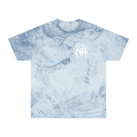 Blue marble-patterned t-shirt with a logo on a white background
