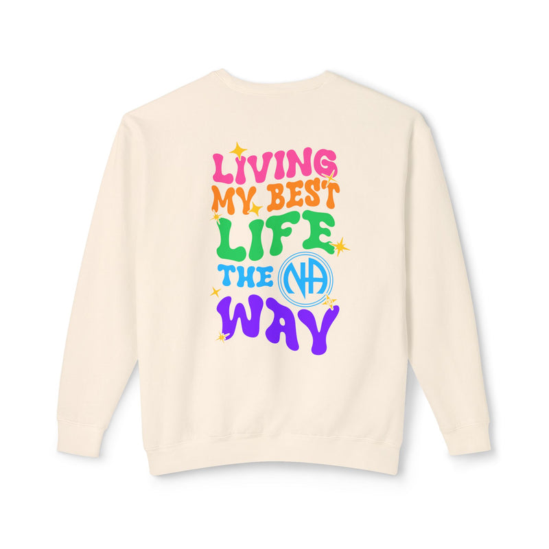Load image into Gallery viewer, Beige sweatshirt with colorful text design on a white background
