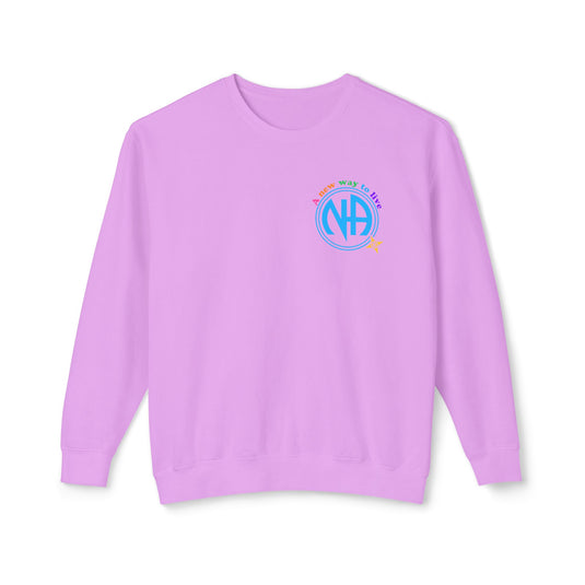 Light purple sweatshirt with a colorful logo on a white background