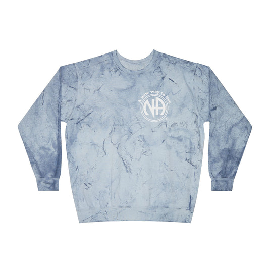Blue tie-dye sweatshirt with a logo on a white background
