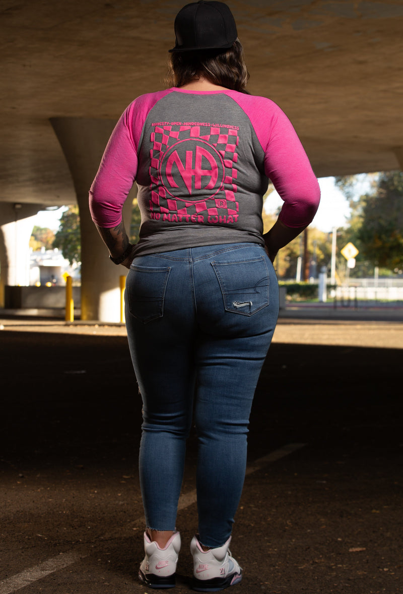 Load image into Gallery viewer, pink and gray shirt with a patterned design and monogram
