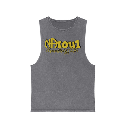 Gray sleeveless shirt with yellow text on a white background