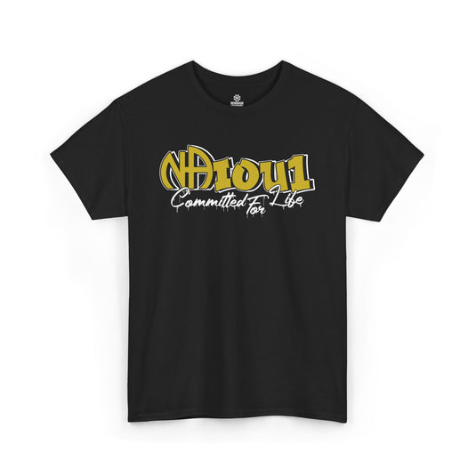 Black t-shirt with yellow and white text on a white background